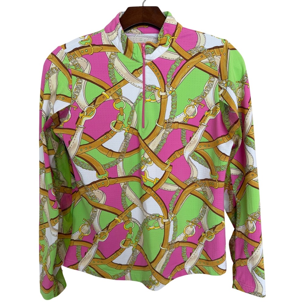 Icikuls 1/4 Zip Long Sleeve Pullover Top S Equestrian Chain Print Mesh Sleeve